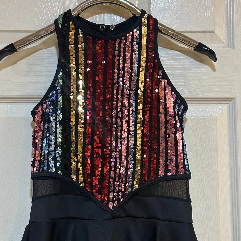 Kids Multi Color Sequin Dance Costume Dress‎ Black Skater Skirt Mesh Panel
